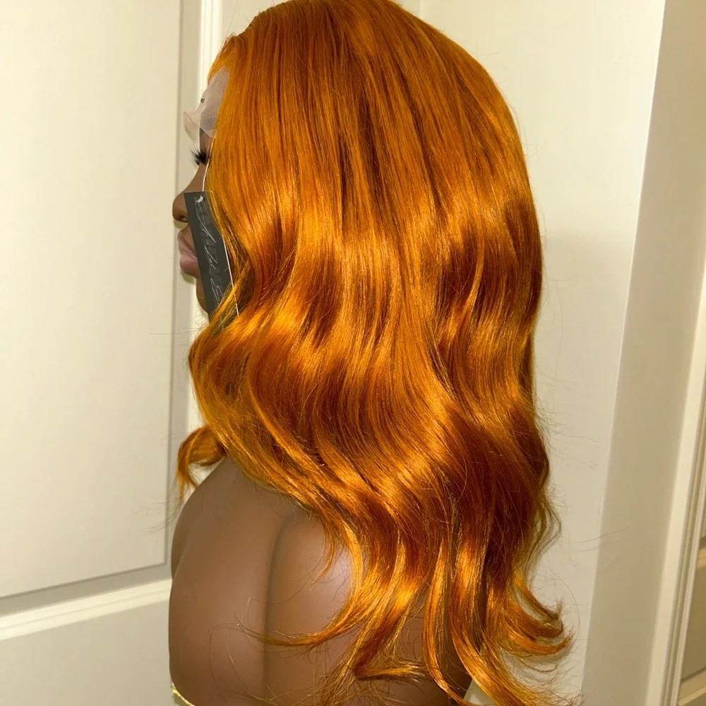 18” body wave ginger-orange 5x5 transparent lace virgin hair wig